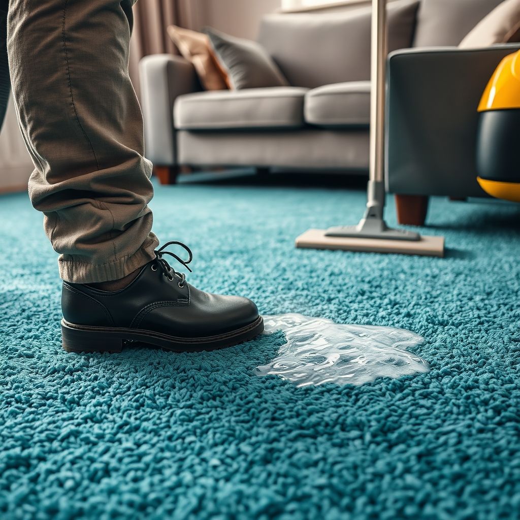Vue rapprochée d'un tapis turquoise texturé en cours de nettoyage à la machine, aspirant de l'eau savonneuse. Le pied du technicien en chaussure sombre est visible, avec un canapé gris en arrière-plan et un aspirateur jaune à côté. L'ambiance est à la fois professionnelle et accueillante.