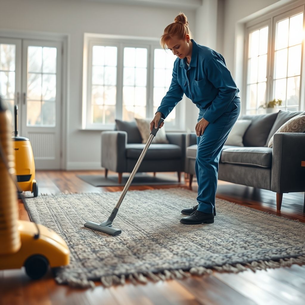 Personne gantée en bleu nettoyant un tapis texturé au sol en bois, concentrée sur sa tâche avec un outil spécialisé. Un aspirateur jaune se tient prêt à l'arrière-plan, dans une pièce lumineuse et confortable avec un canapé visible.