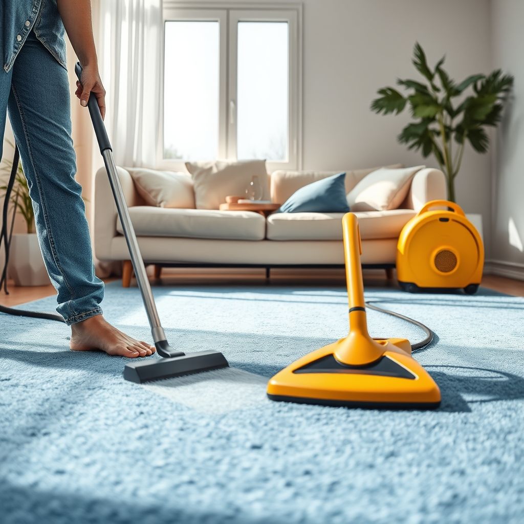 Gros plan sur un nettoyage avec un aspirateur extrayant saleté et humidité d'un tapis bleu vibrant, avec des bulles visibles. Une personne en jean et pieds nus se tient proche, dans un intérieur moderne et cosy avec un canapé clair et un aspirateur jaune à côté.
