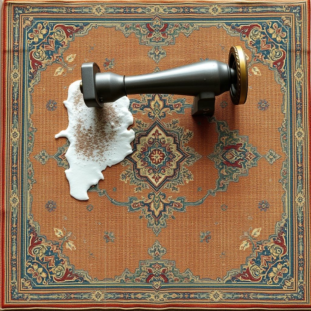 Un tapis ancien richement décoré sur surface béton, nettoyé avec une machine produisant une mousse blanche. La machine à brosse circulaire métallique glisse doucement sur le tapis, avec un second tapis visible en arrière-plan dans un cadre spacieux et informel.
