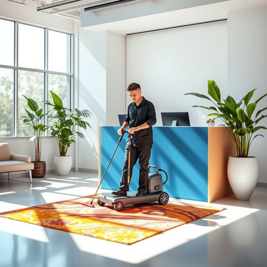 Dans un bureau lumineux, un technicien en tenue sombre utilise une machine à vapeur sur un tapis, au sein d'un espace moderne avec comptoir bicolore bleu et beige, décor minimaliste et plantes, illustrant un service professionnel et méticuleux.