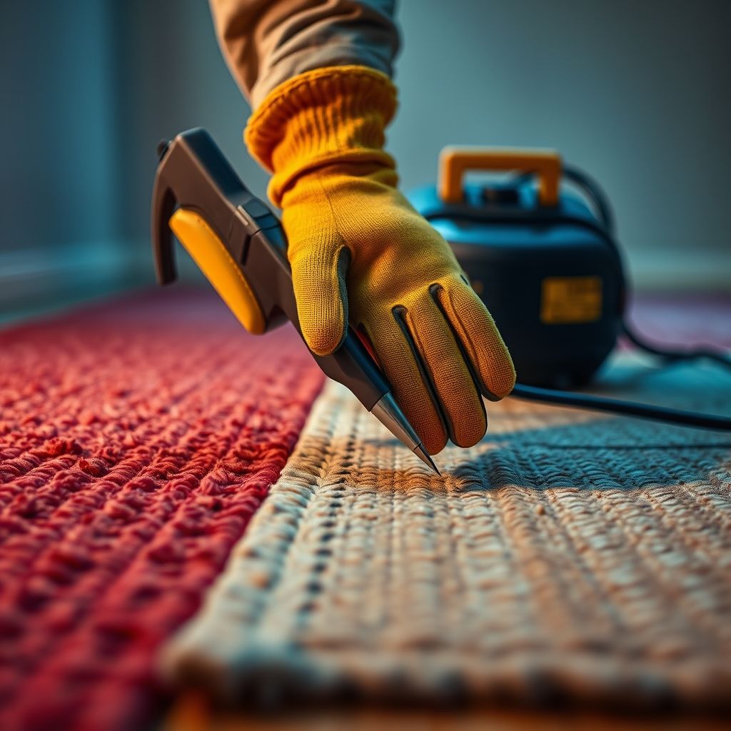 Un technicien en gants bleus nettoie un tapis texturé au sol en bois avec un outil spécialisé, avec un aspirateur jaune en arrière-plan. La lumière douce illumine l'environnement, créant une atmosphère chaleureuse et propre.