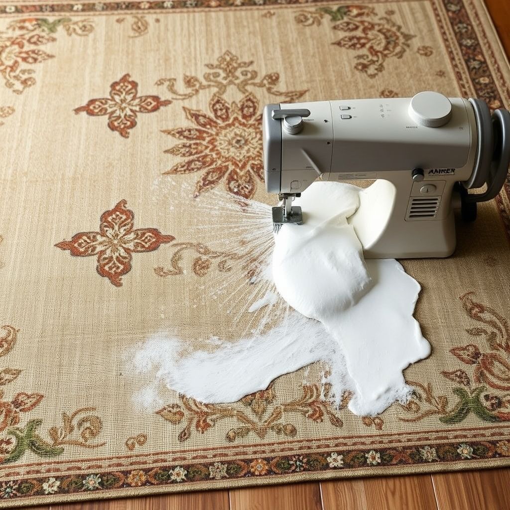 Un tapis ancien richement décoré sur surface béton, nettoyé avec une machine produisant une mousse blanche, illustrant professionnalisme et soin.