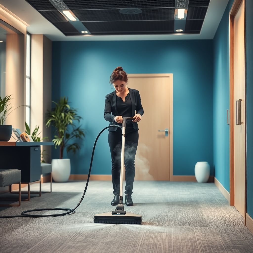 Dans un bureau lumineux, une personne en tenue sombre utilise une machine professionnelle de nettoyage à vapeur sur un tapis, avec une longue baguette argentée émettant un nuage de vapeur. Le décor moderne comprend un comptoir bicolore bleu et beige, des plantes et une ambiance épurée. La vapeur monte et diffuse une sensation de fraîcheur et de propreté dans cet espace professionnel.