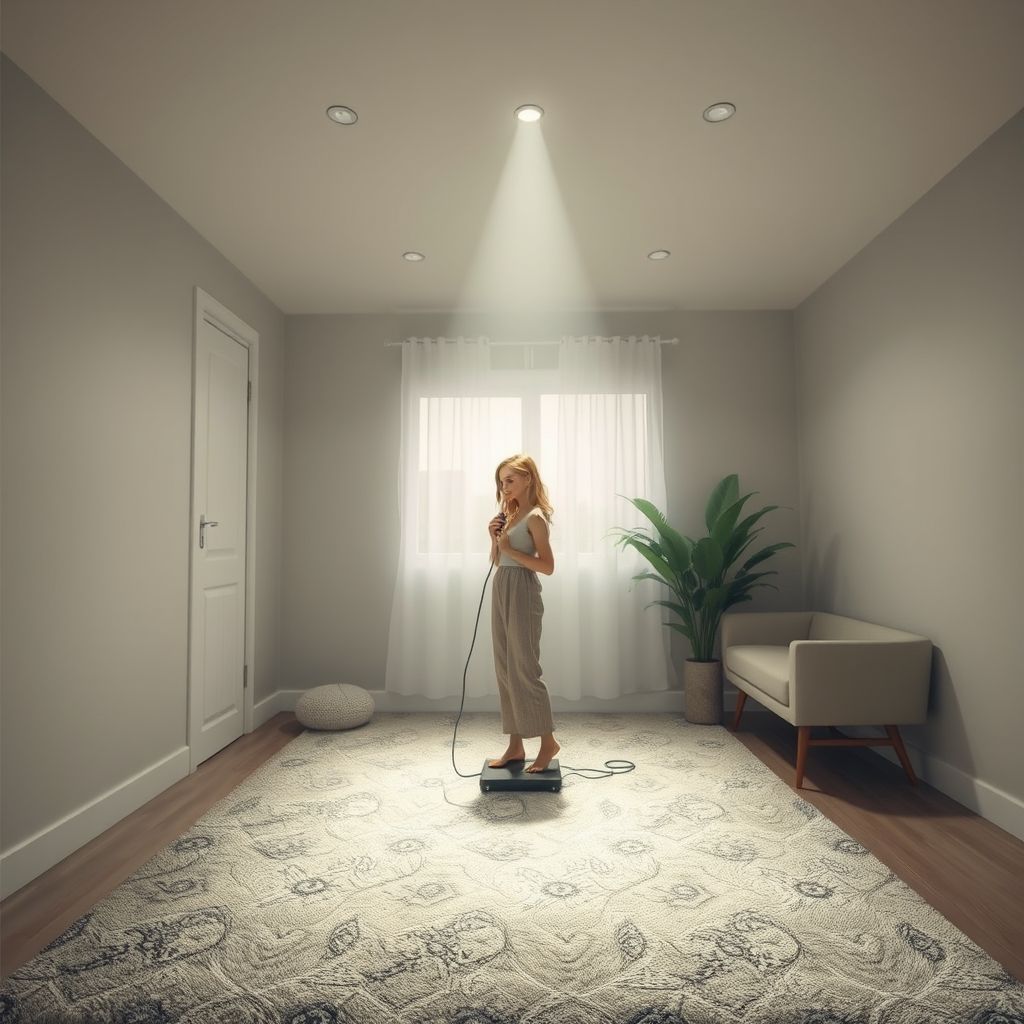 Personne gantée nettoyant un tapis gris avec un aspirateur, dans un cadre intérieur soigné et lumineux, illustrant dévouement et soin.