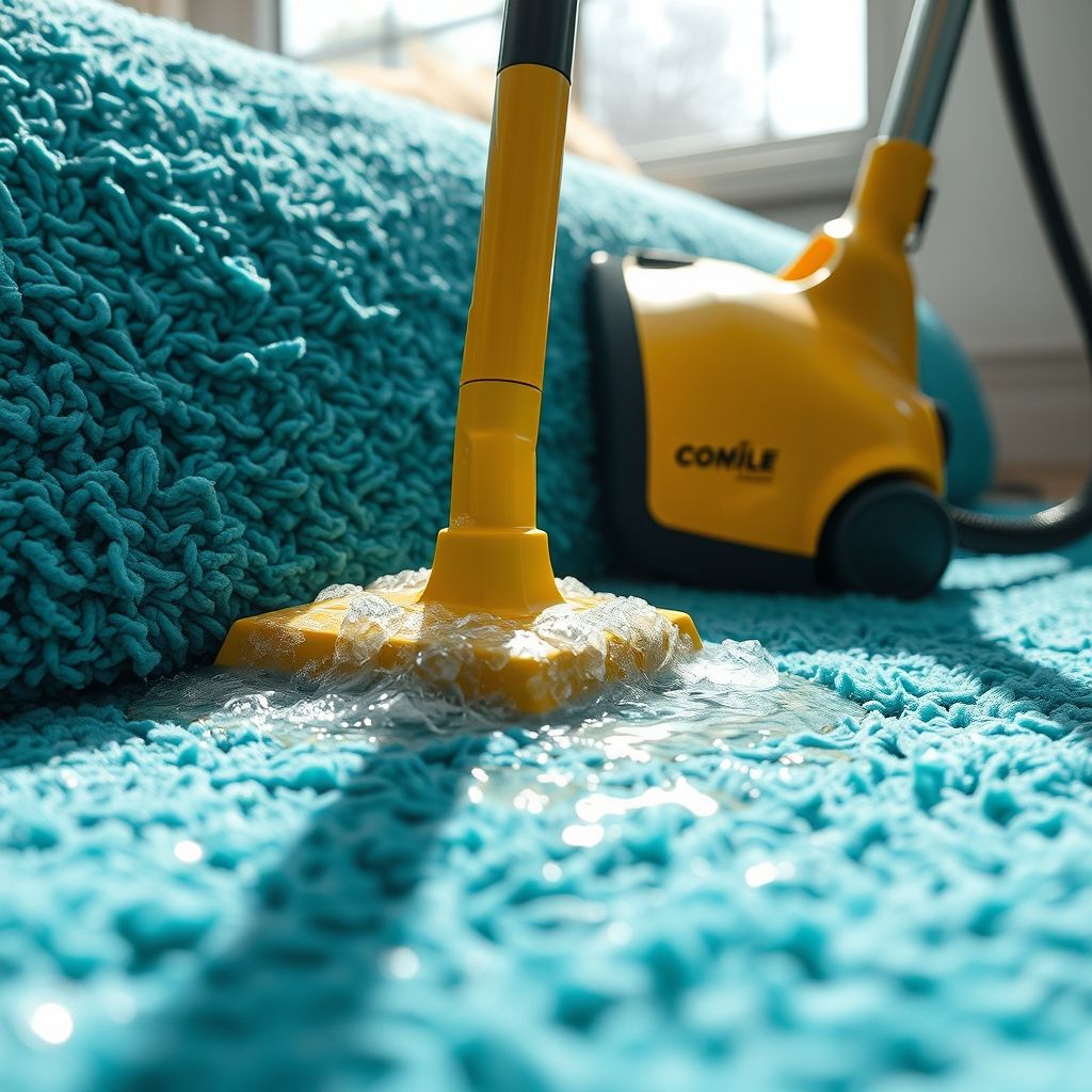 Vue rapprochée d'un tapis turquoise texturé en cours de nettoyage à la machine, aspirant de l'eau savonneuse avec un aspirateur jaune à côté, illustrant soin et efficacité.